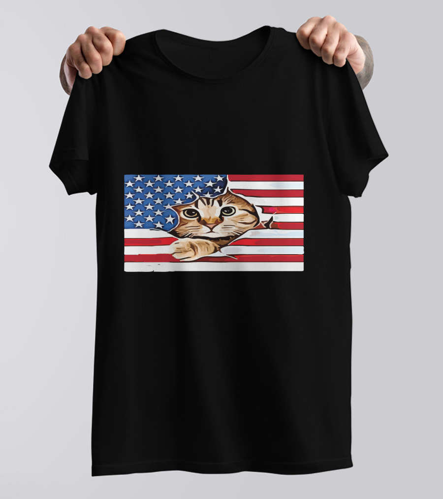 Cat Peeking Through American Flag T-Shirt