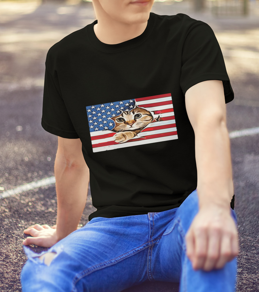Cat Peeking Through American Flag T-Shirt