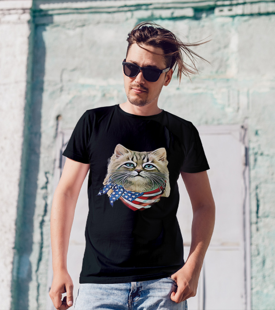 Fluffy Cat Wearing Stars And Stripes Flag Bandana T-Shirt
