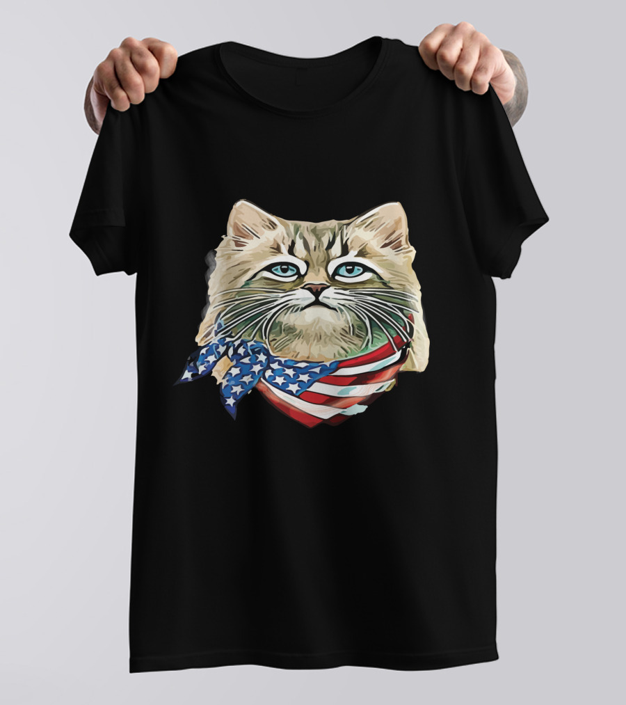Fluffy Cat Wearing Stars And Stripes Flag Bandana T-Shirt