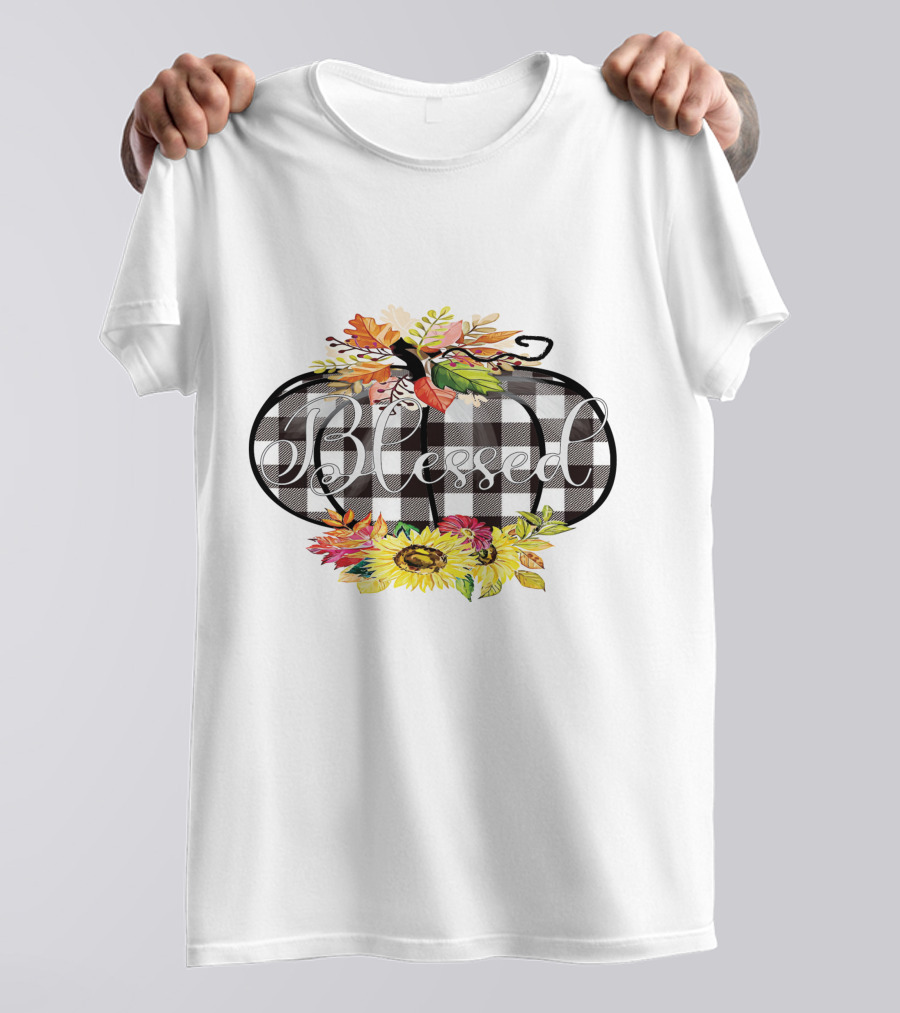 Blessed Buffalo Plaid Pumpkin With Sunflowers And Autumn Leaves T-Shirt