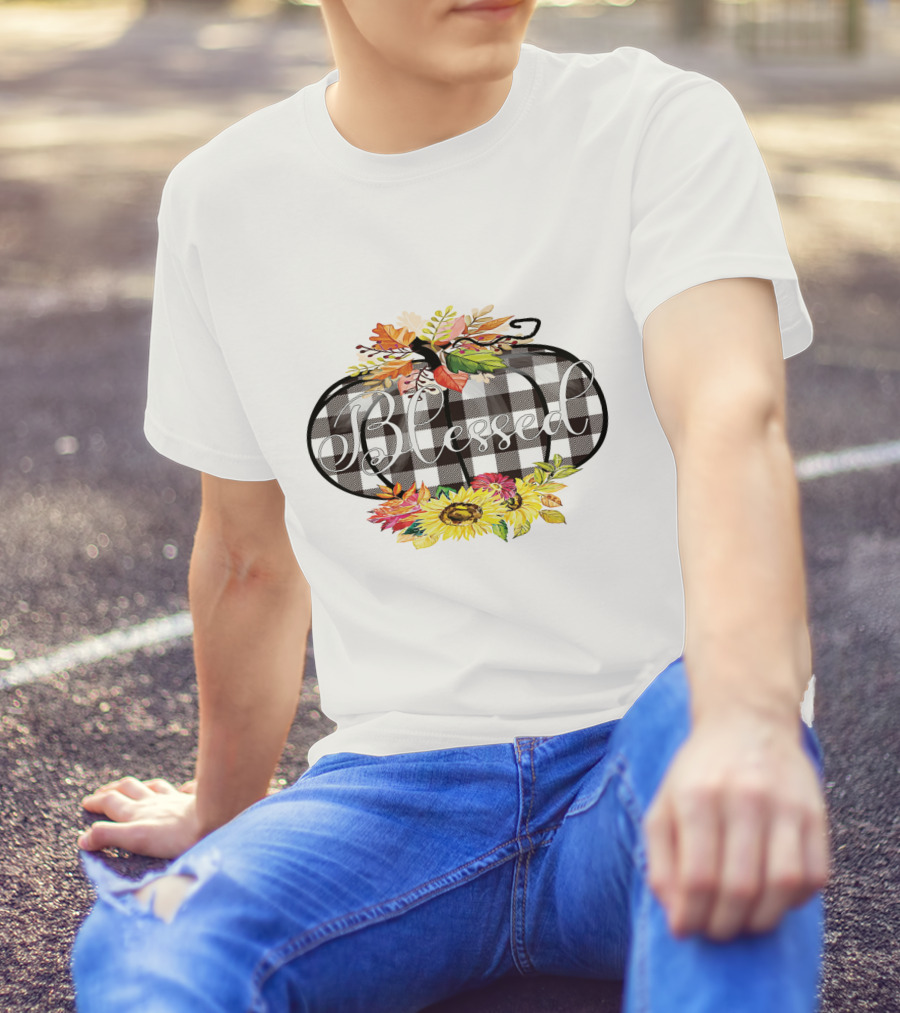 Blessed Buffalo Plaid Pumpkin With Sunflowers And Autumn Leaves T-Shirt