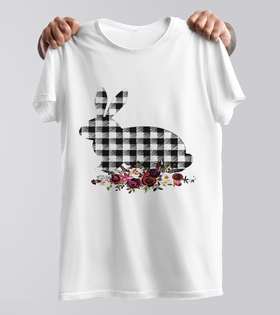 Bunny Black White Plaid Floral Roses T-Shirt