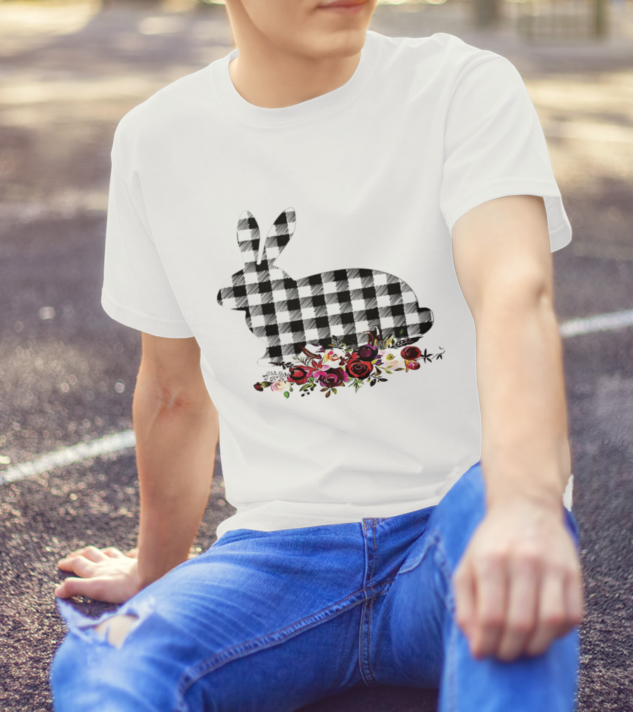Bunny Black White Plaid Floral Roses T-Shirt