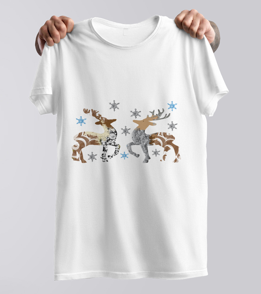Christmas Reindeer Stone Snowflakes Brown And Silver T-Shirt