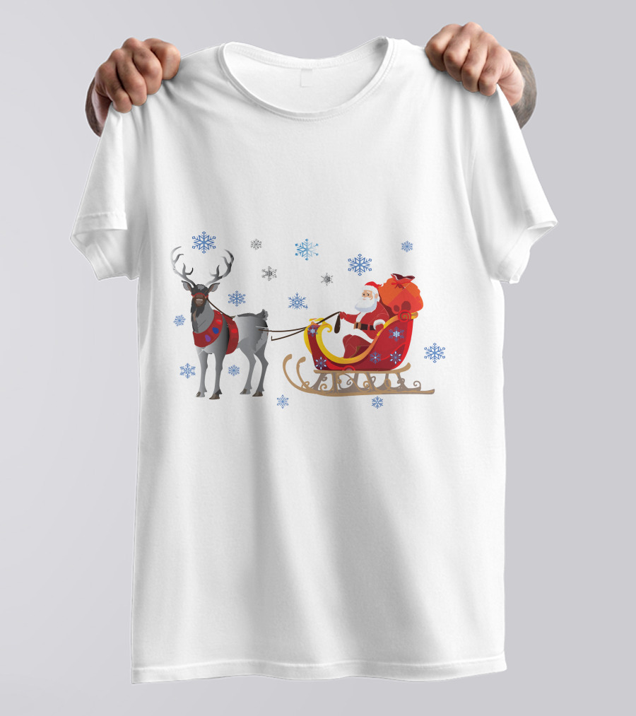 Christmas Santa With Reindeer And Sleigh Surrounded By Snowflakes T-Shirt
