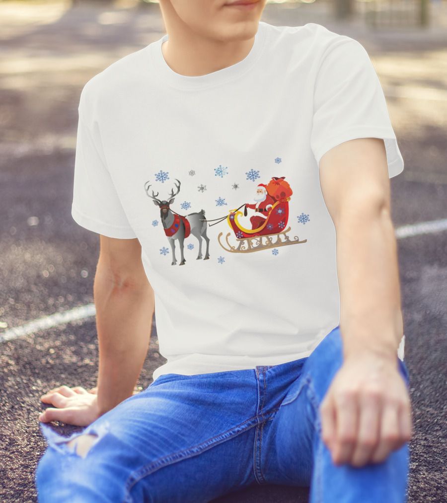 Christmas Santa With Reindeer And Sleigh Surrounded By Snowflakes T-Shirt