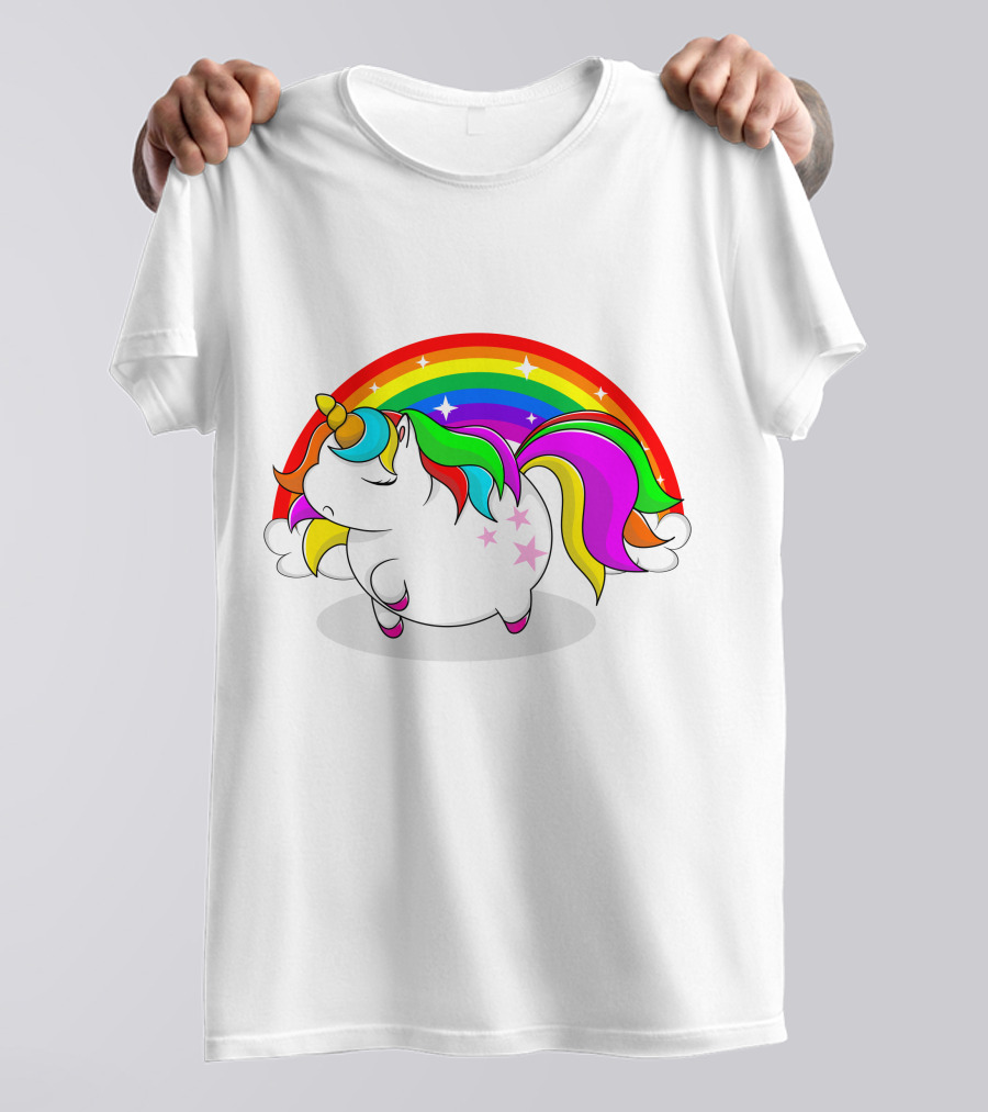 Cute Fat Unicorn With Rainbow Mane And Stars T-Shirt
