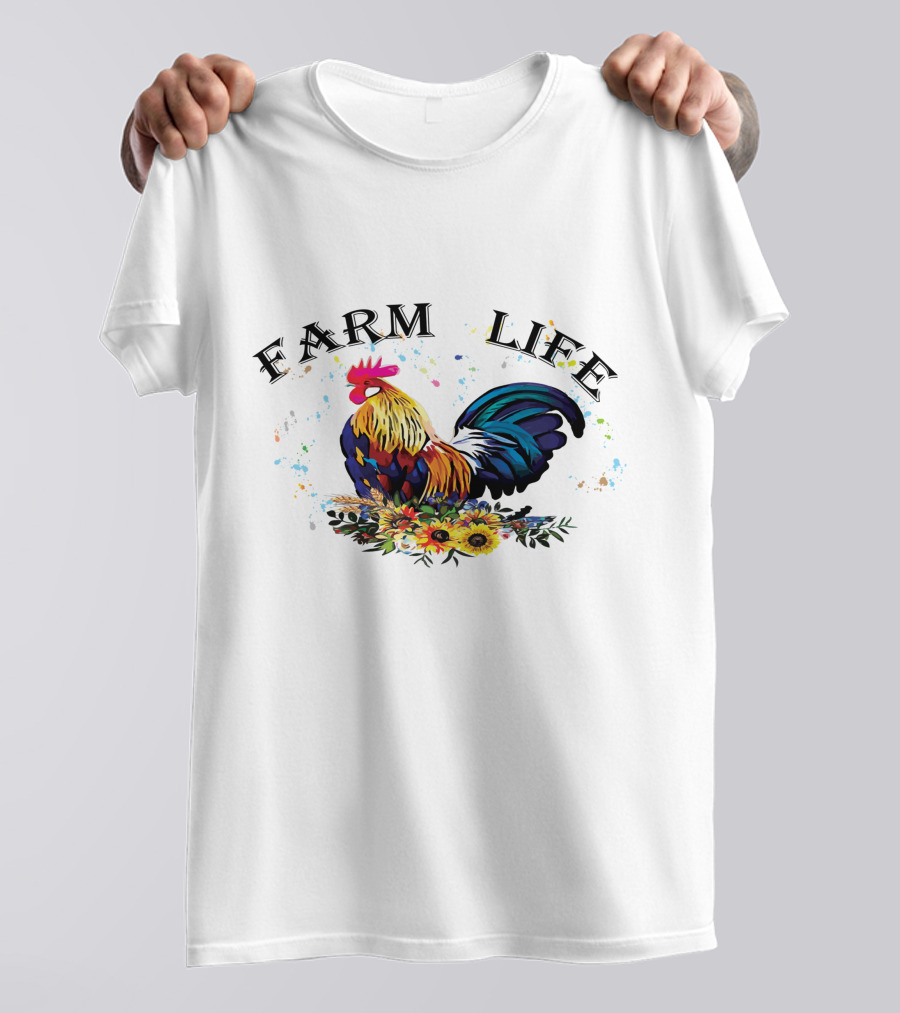 Farm Life Colorful Rooster Floral T-Shirt