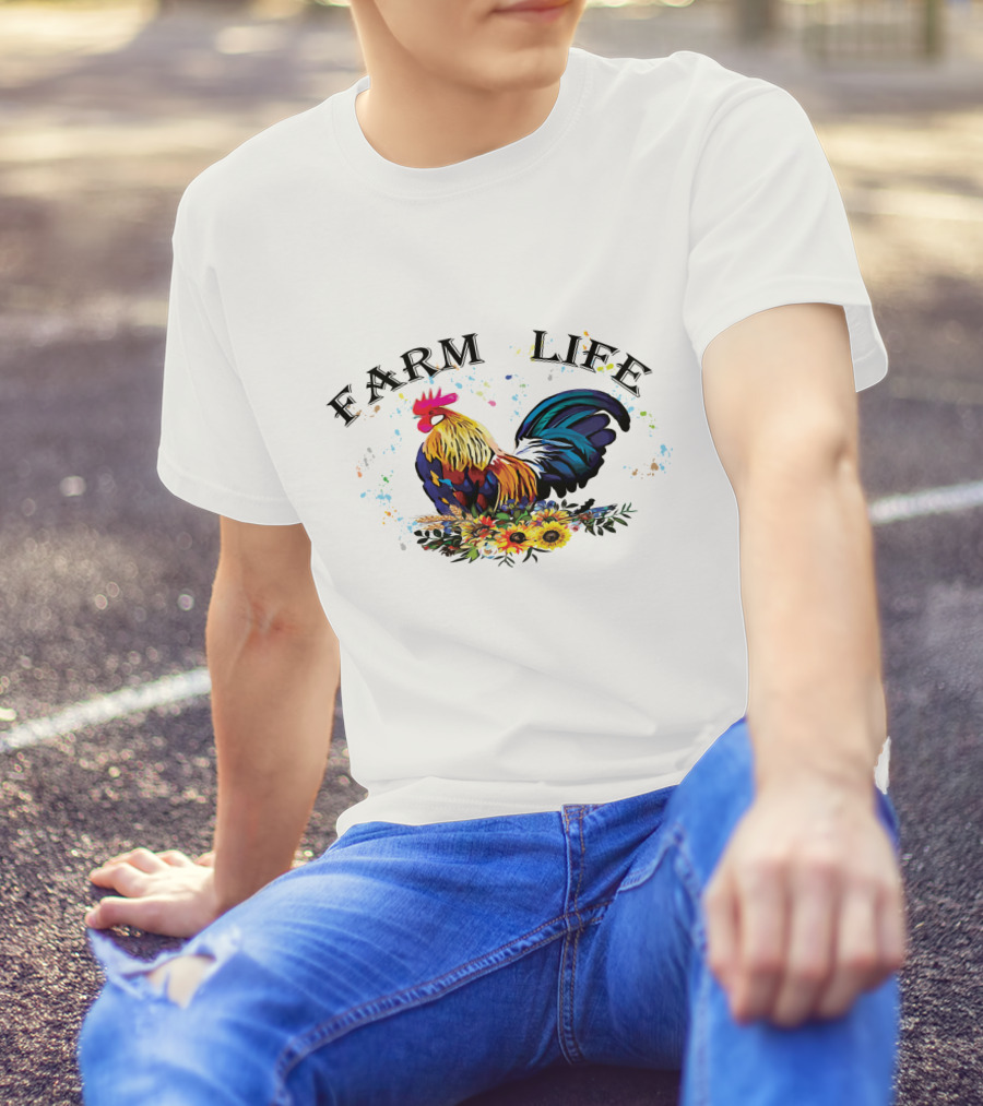 Farm Life Colorful Rooster Floral T-Shirt