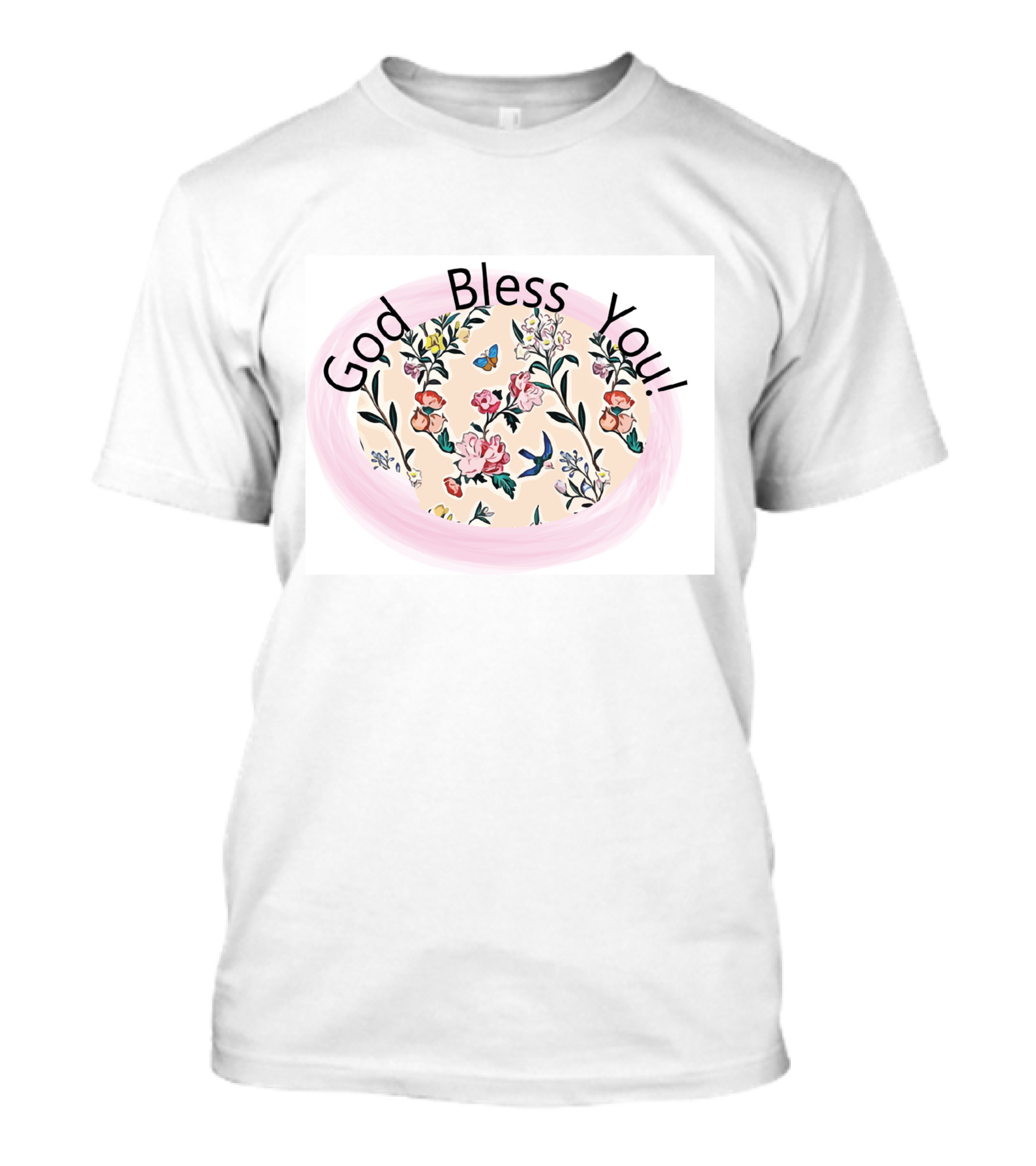 God Bless You Floral Pattern With Butterfly And Bird Motif T-Shirt