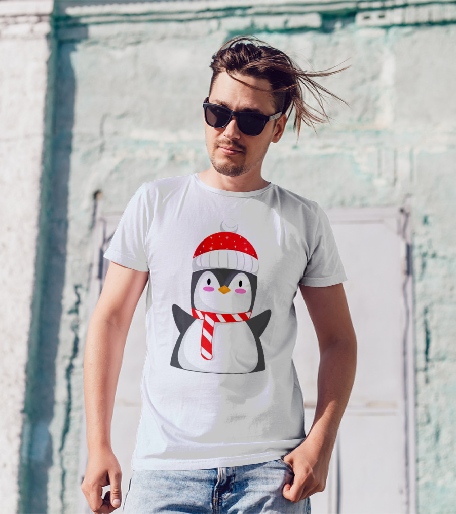 Pinguine Wearing Red Hat And Scarf Resembling A Snowman T-Shirt