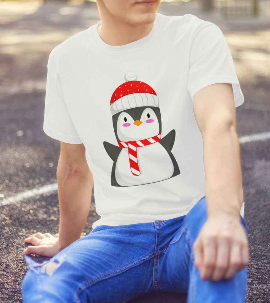 Pinguine Wearing Red Hat And Scarf Resembling A Snowman T-Shirt