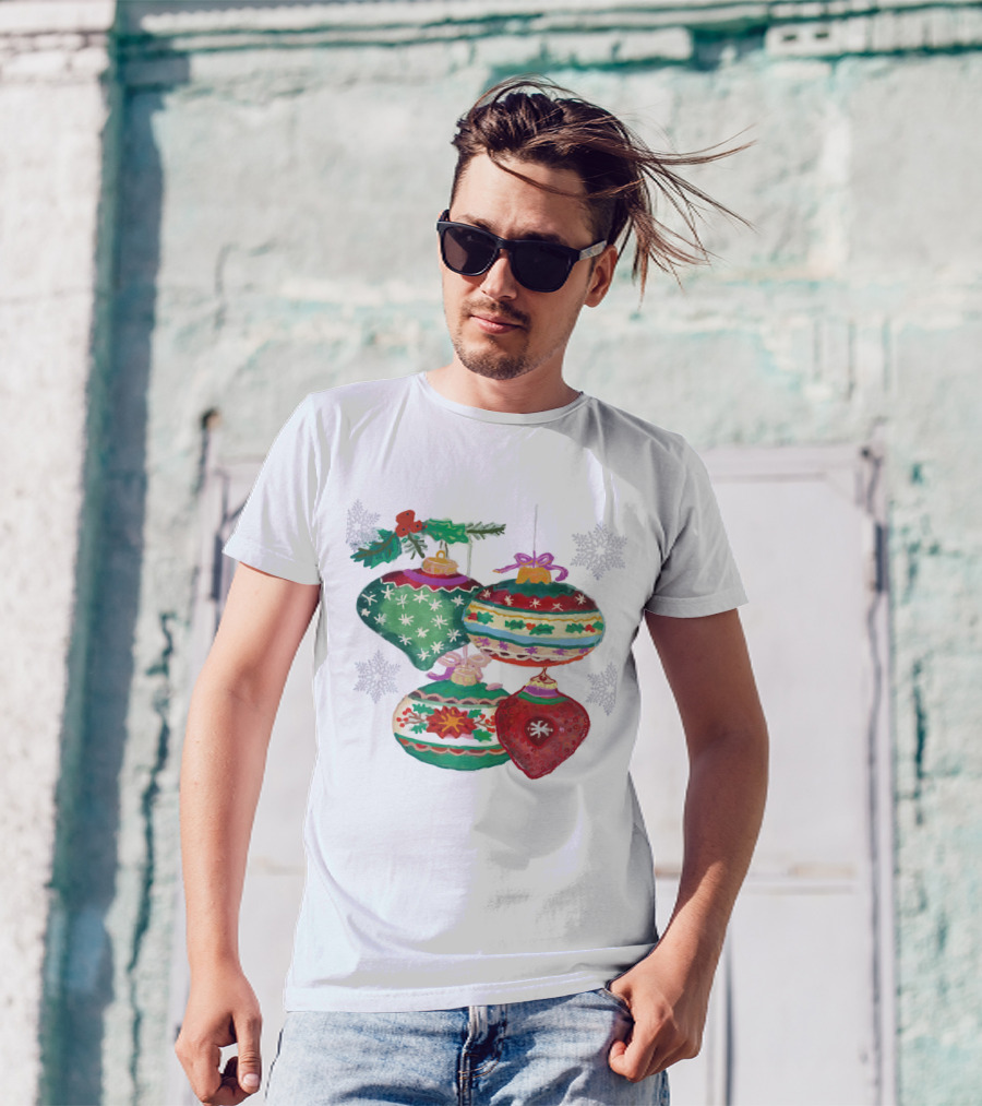 Watercolor Christmas Balls Snowflake Ornaments With Holly And Ribbon Accents T-Shirt