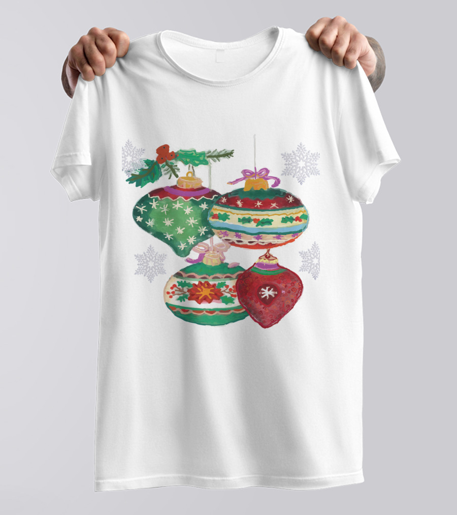 Watercolor Christmas Balls Snowflake Ornaments With Holly And Ribbon Accents T-Shirt