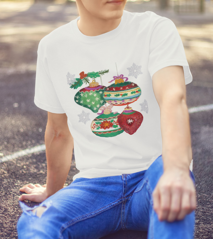 Watercolor Christmas Balls Snowflake Ornaments With Holly And Ribbon Accents T-Shirt