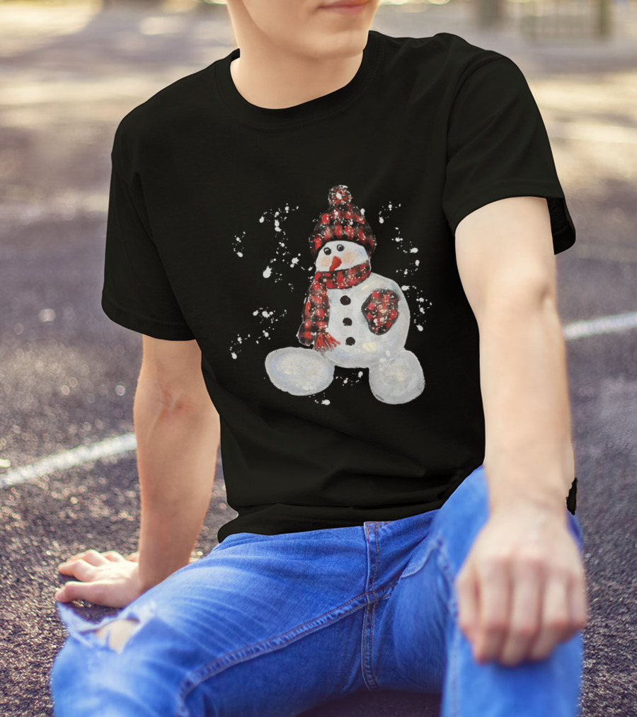 Watercolor Snowman Buffalo Plaid Hat And Scarf With Snowflakes T-Shirt