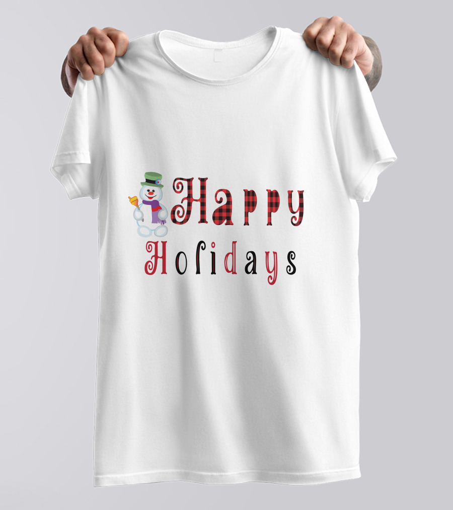 Happy Holidays Christmas Snowman With Plaid Letters T-Shirt