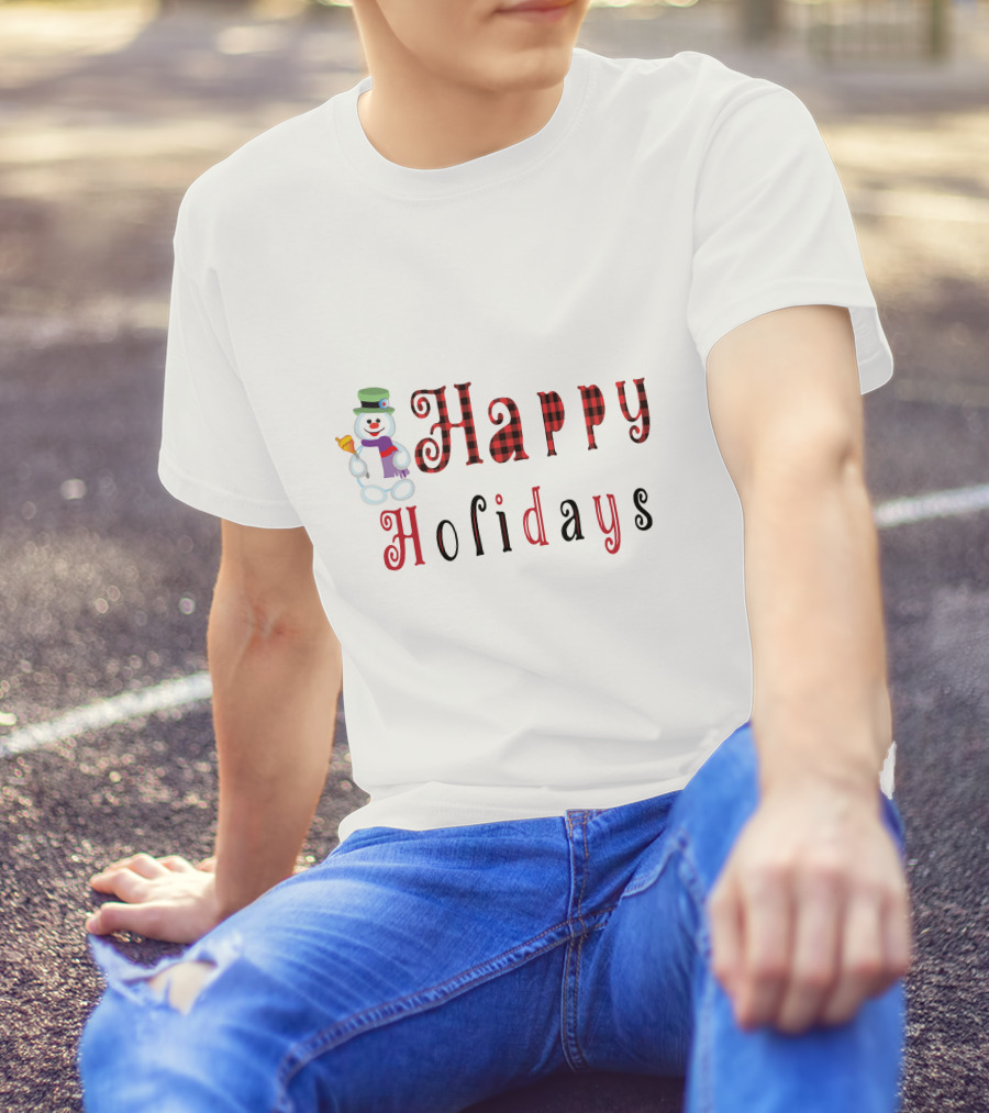 Happy Holidays Christmas Snowman With Plaid Letters T-Shirt