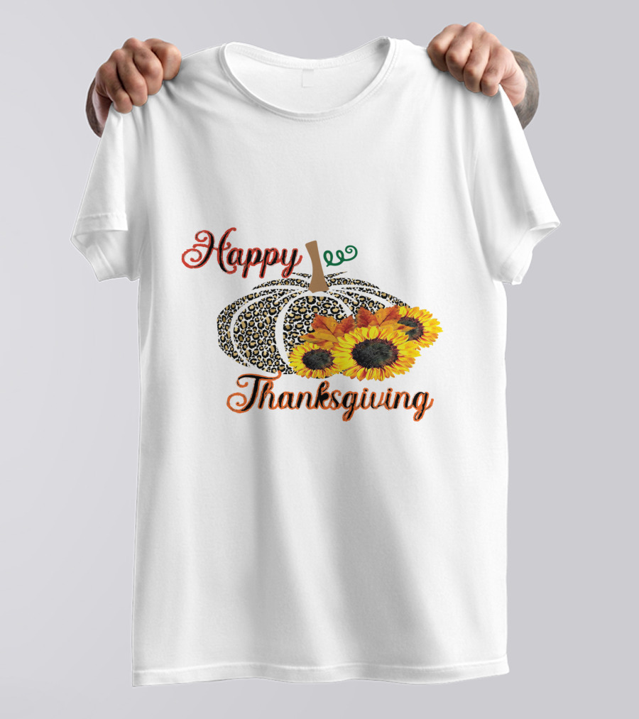Happy Thanksgiving Leopard Print Pumpkin Sunflowers T-Shirt