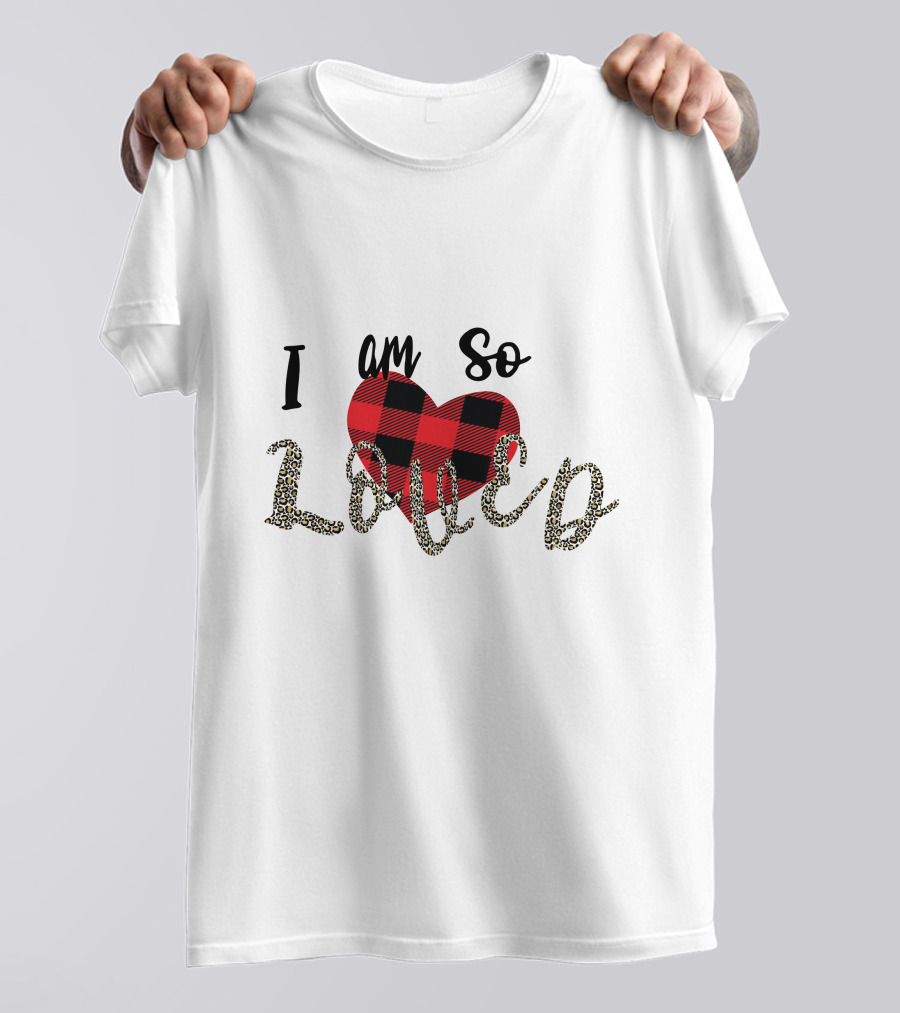 I Am So Loved Valentines Day Buffalo Plaid Heart Leopard Print T-Shirt