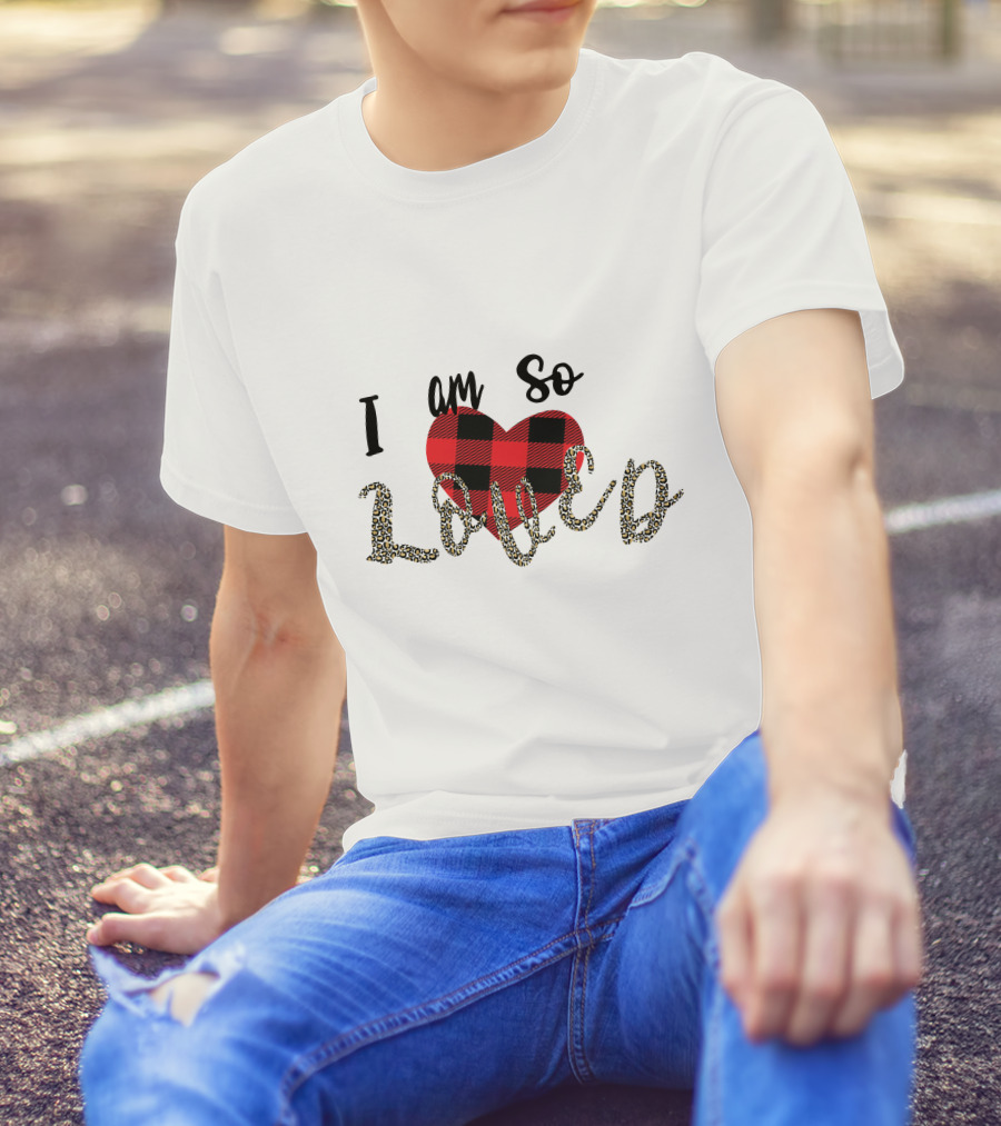I Am So Loved Valentines Day Buffalo Plaid Heart Leopard Print T-Shirt