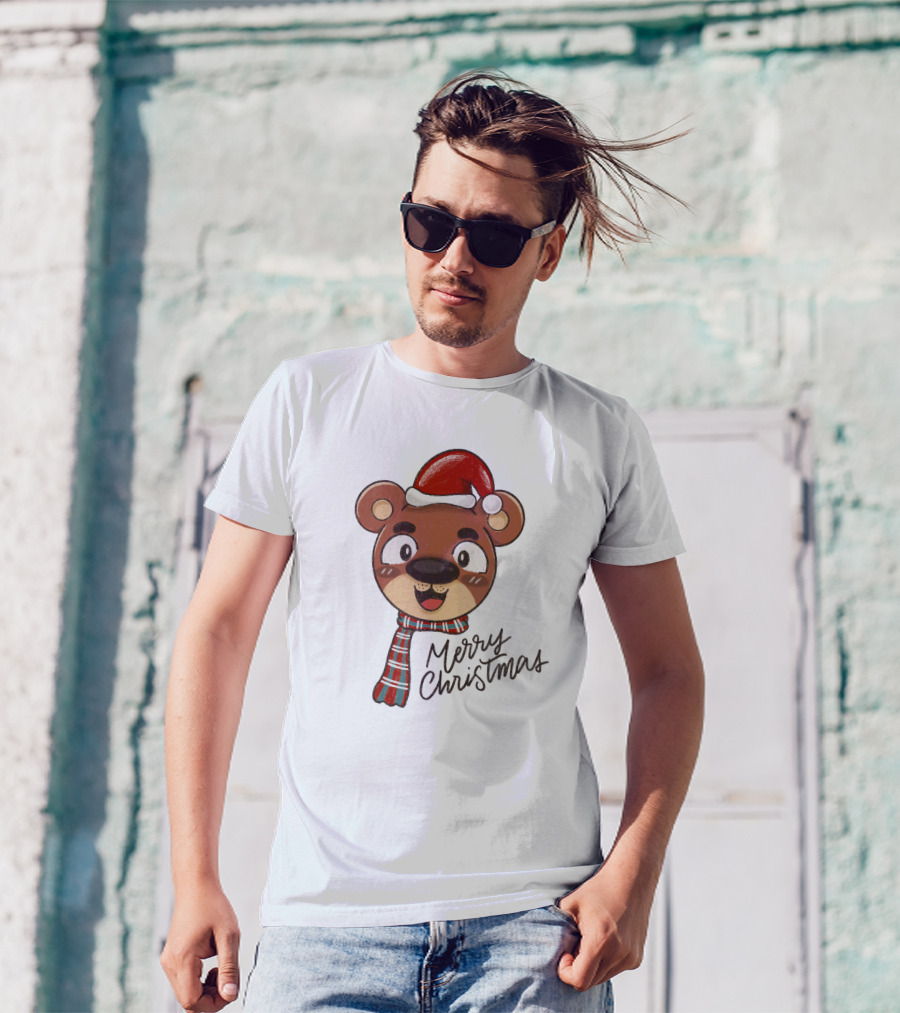 Merry Christmas Bear Wearing Santa Hat And Scarf T-Shirt