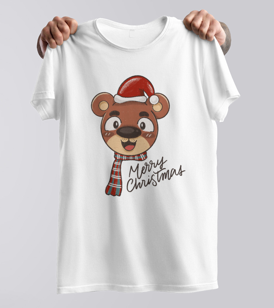 Merry Christmas Bear Wearing Santa Hat And Scarf T-Shirt