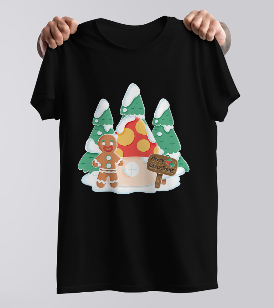 Merry Christmas Gingerman House With Snowy Trees And Mushroom Roof T-Shirt