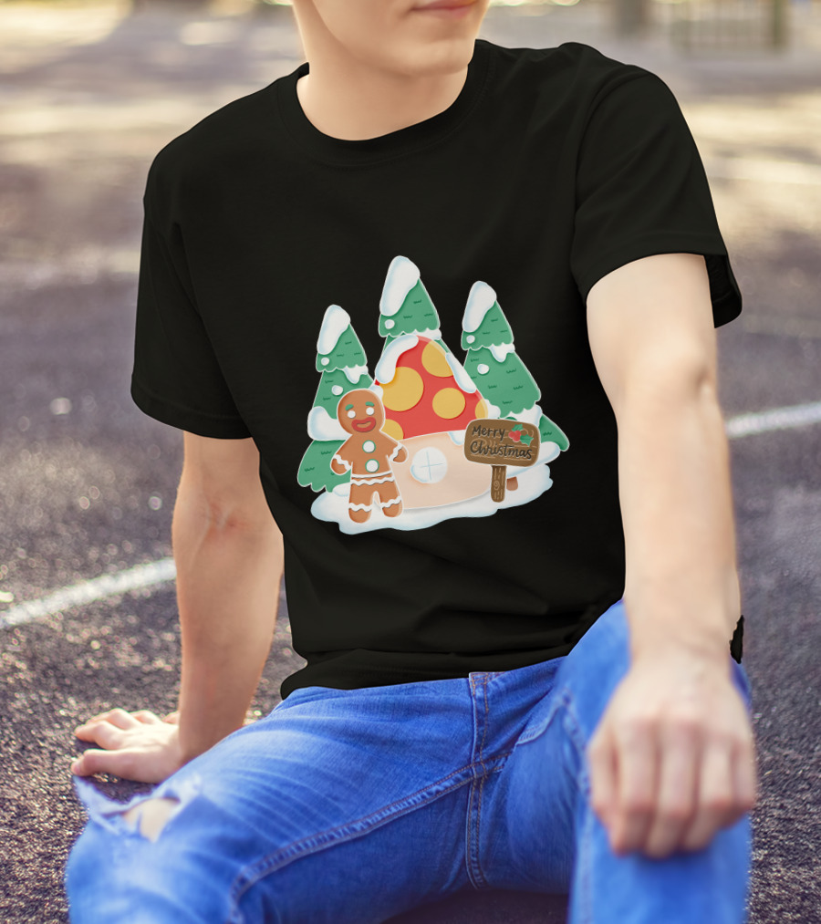 Merry Christmas Gingerman House With Snowy Trees And Mushroom Roof T-Shirt