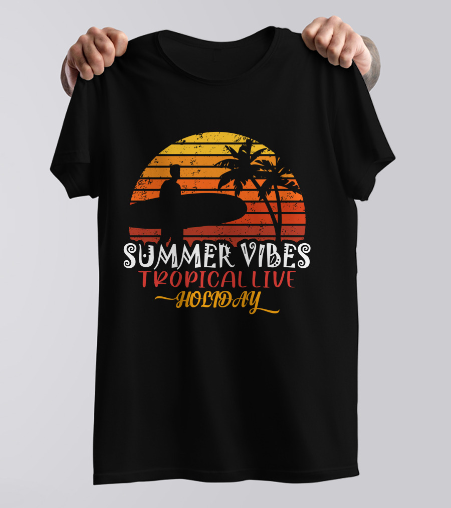 Summer Vibes Tropical Live Holiday Surfer Sunset Palms T-Shirt