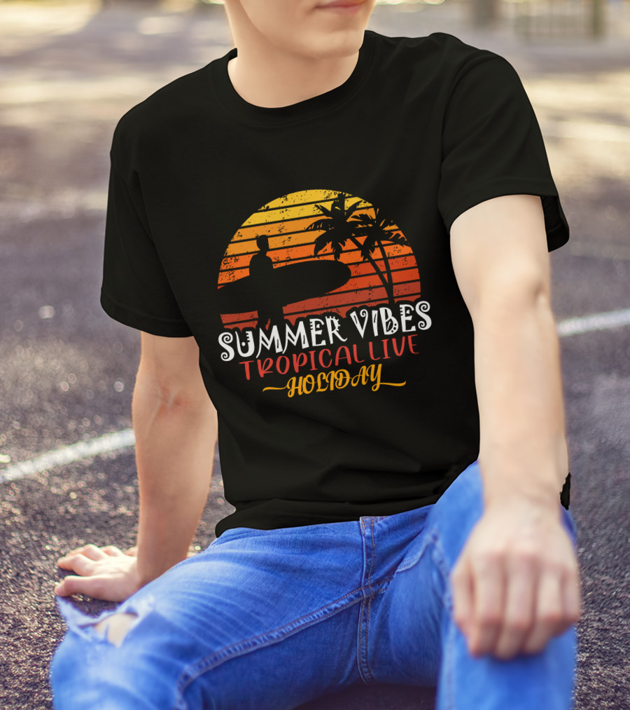Summer Vibes Tropical Live Holiday Surfer Sunset Palms T-Shirt