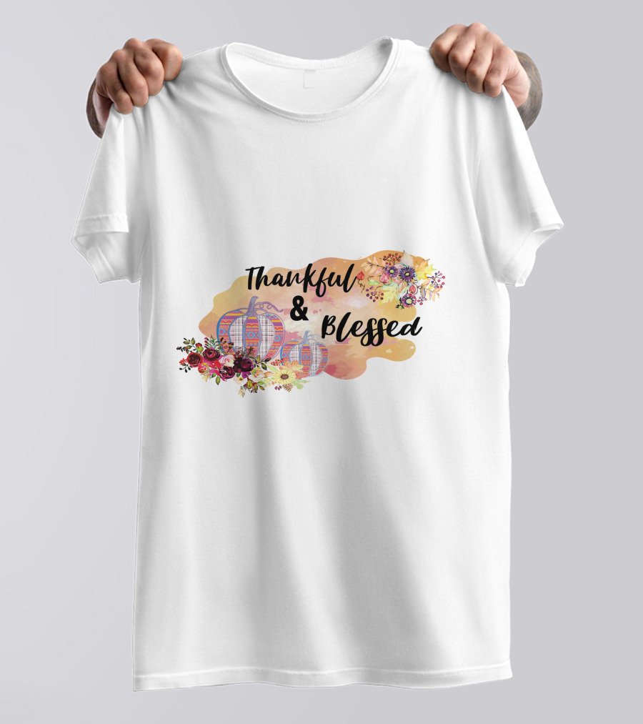 Thankful And Blessed Floral Watercolor Pumpkins T-Shirt