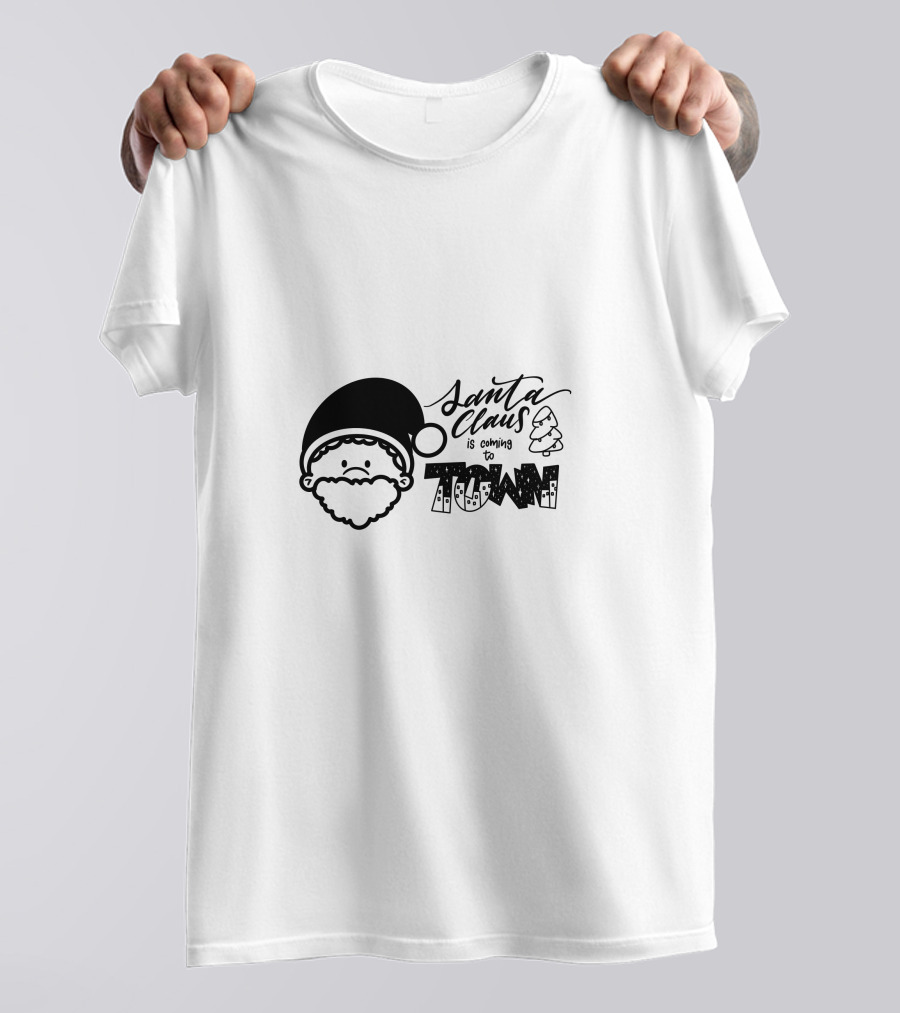 Santa Claus Is Coming To Town Festive Santa Face And Christmas Trees T-Shirt