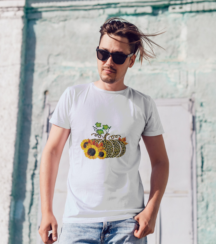 Thanksgiving Leopard Pumpkin Sunflowers And Leaves T-Shirt