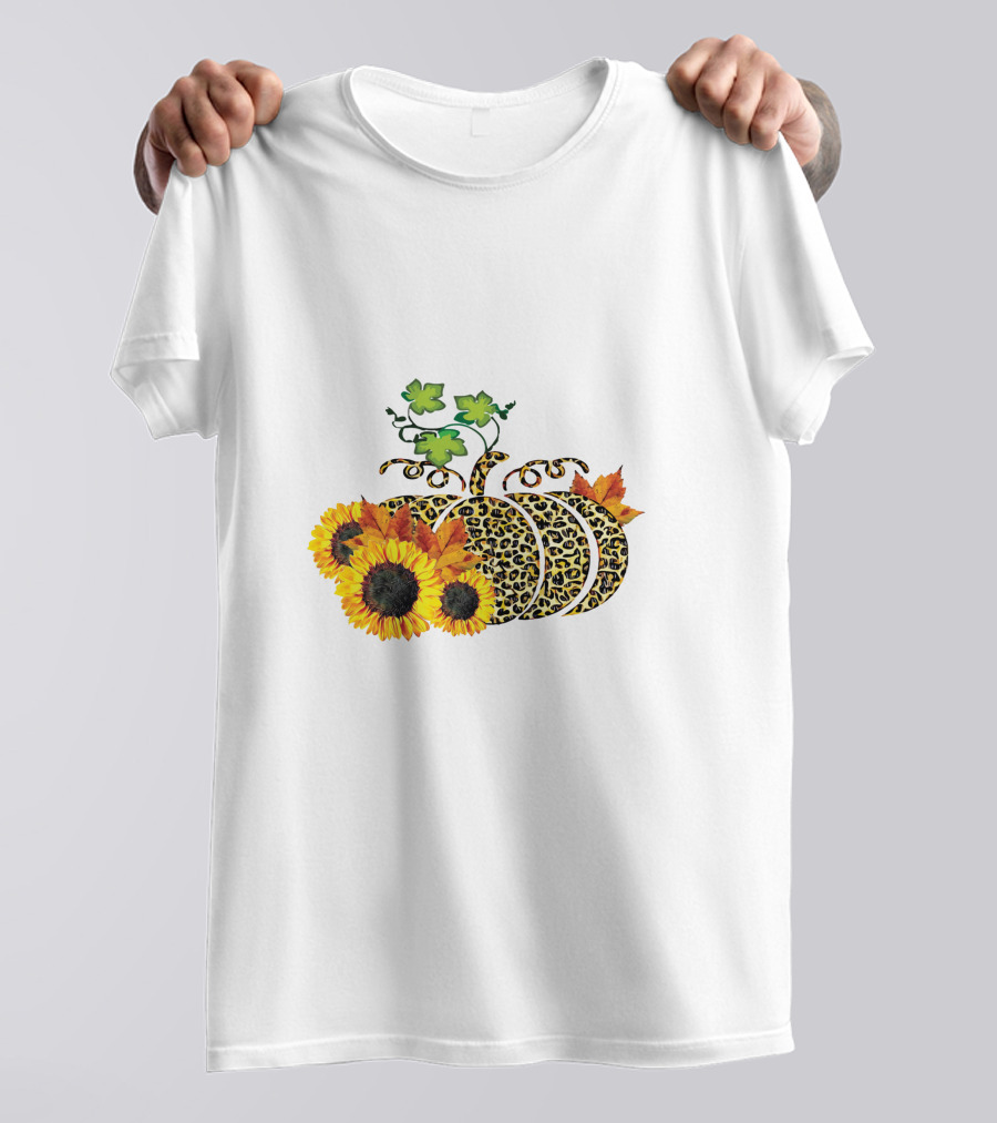Thanksgiving Leopard Pumpkin Sunflowers And Leaves T-Shirt