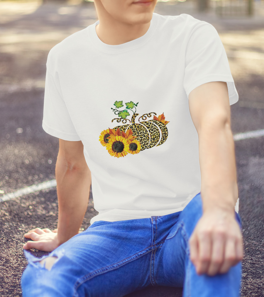 Thanksgiving Leopard Pumpkin Sunflowers And Leaves T-Shirt