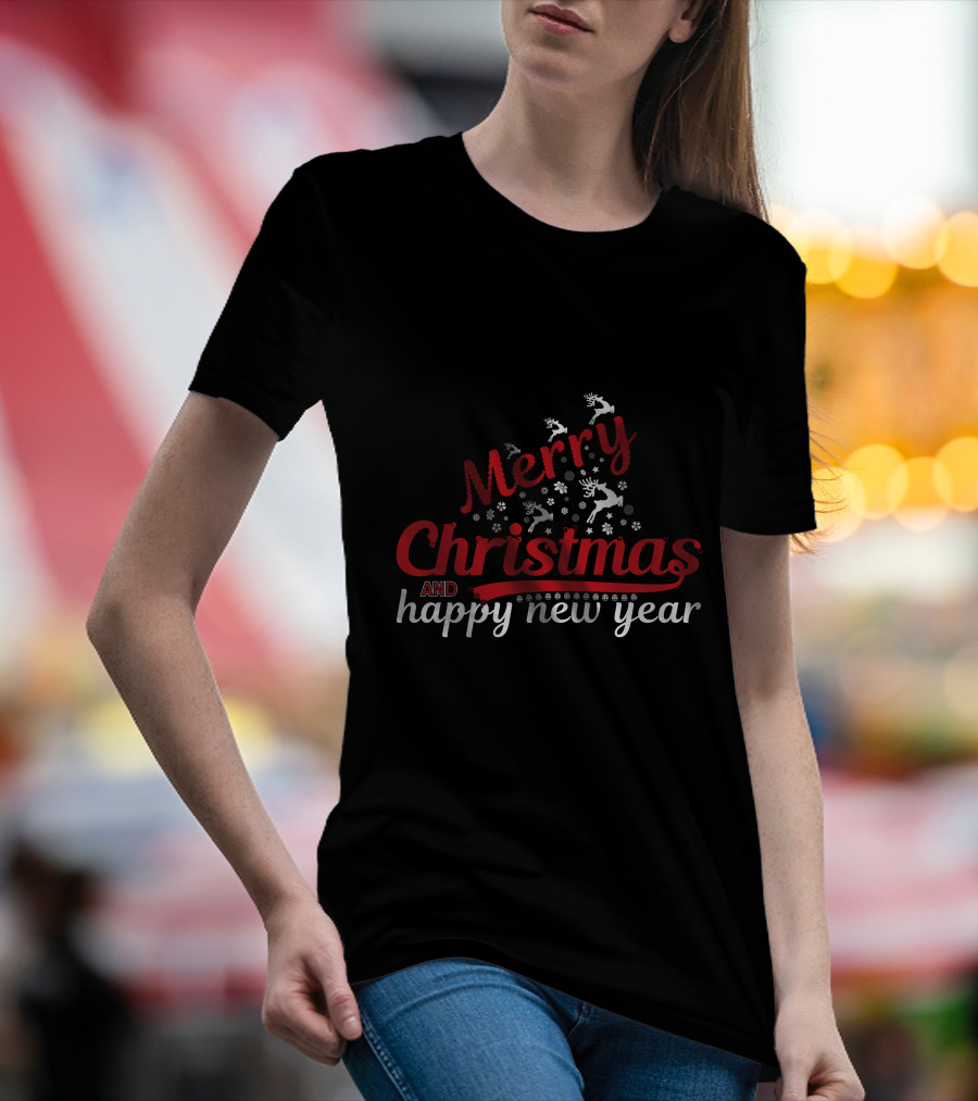 Merry Christmas And Happy New Year Reindeer Snowflakes T-Shirt