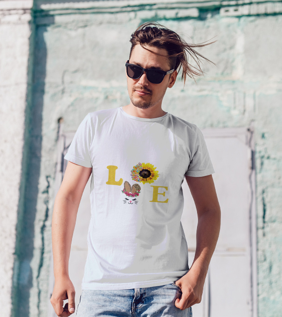 Love Sunflower Bunny With Floral Ears And Cheetah Print Bow T-Shirt