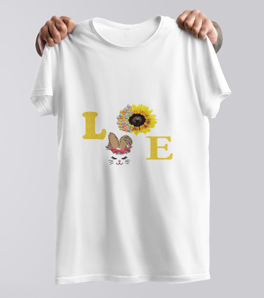 Love Sunflower Bunny With Floral Ears And Cheetah Print Bow T-Shirt