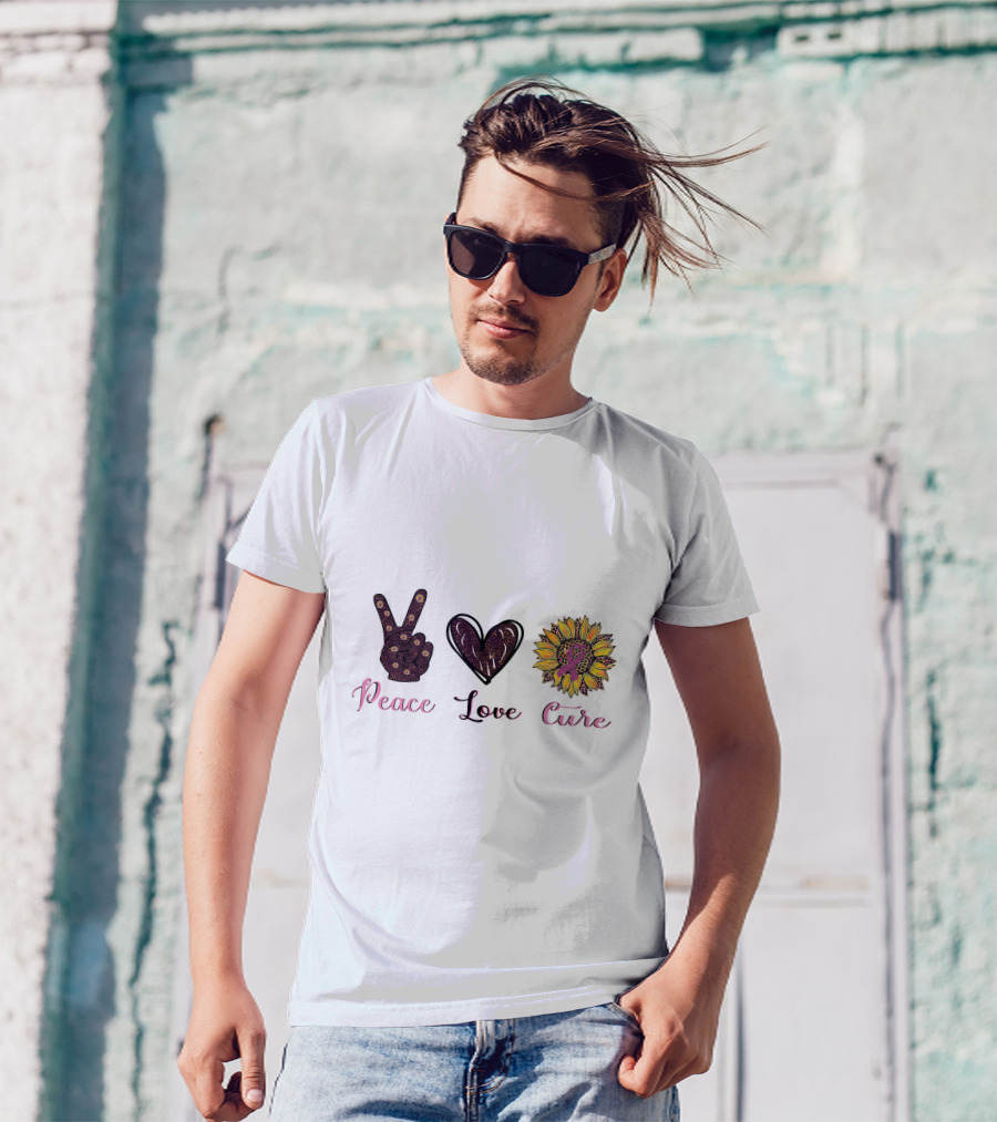 Peace Love Cure Breast Cancer Sunflower Heart And Peace Sign T-Shirt