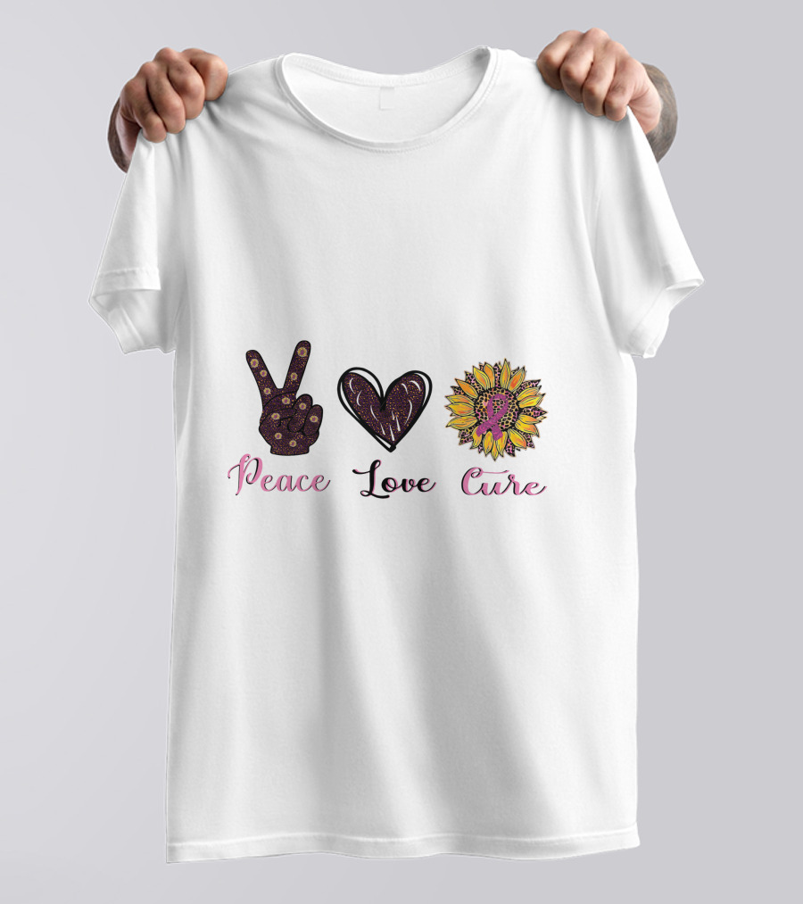 Peace Love Cure Breast Cancer Sunflower Heart And Peace Sign T-Shirt