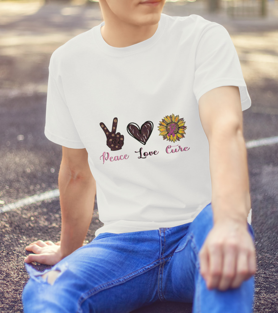 Peace Love Cure Breast Cancer Sunflower Heart And Peace Sign T-Shirt