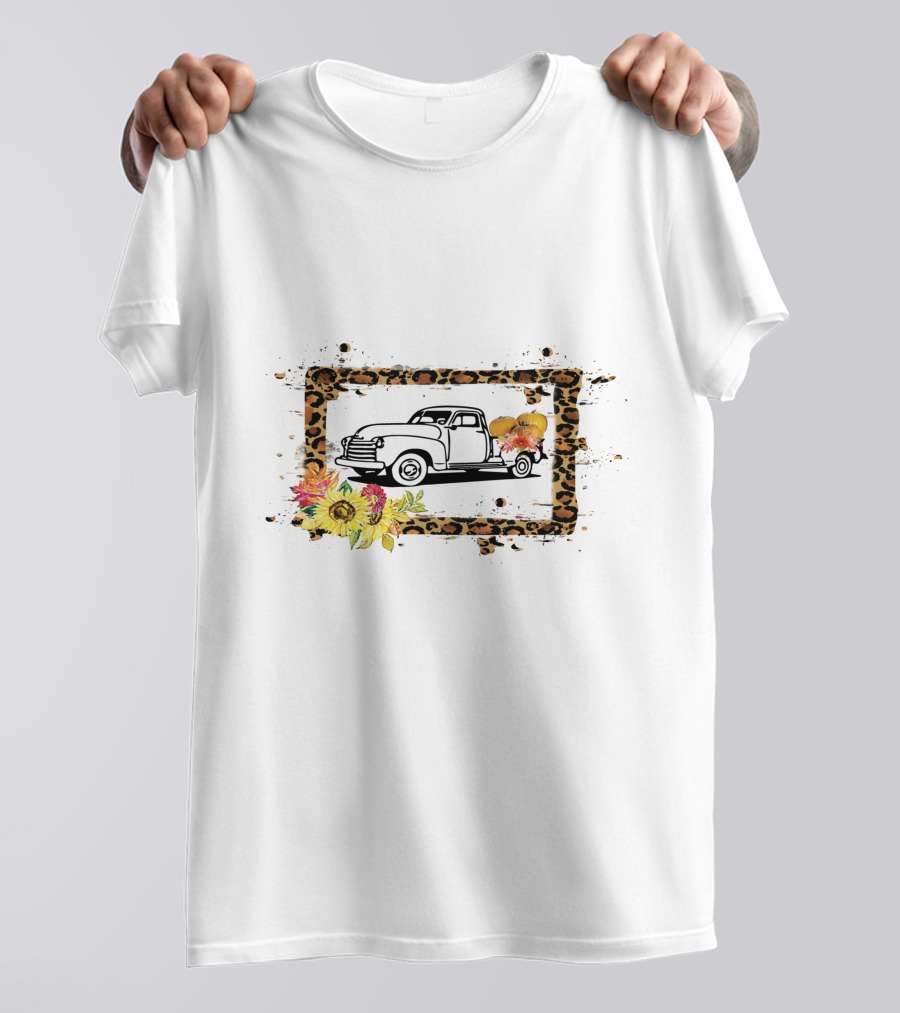 Truck With Pumpkins And Leopard Print Frame With Sunflowers T-Shirt