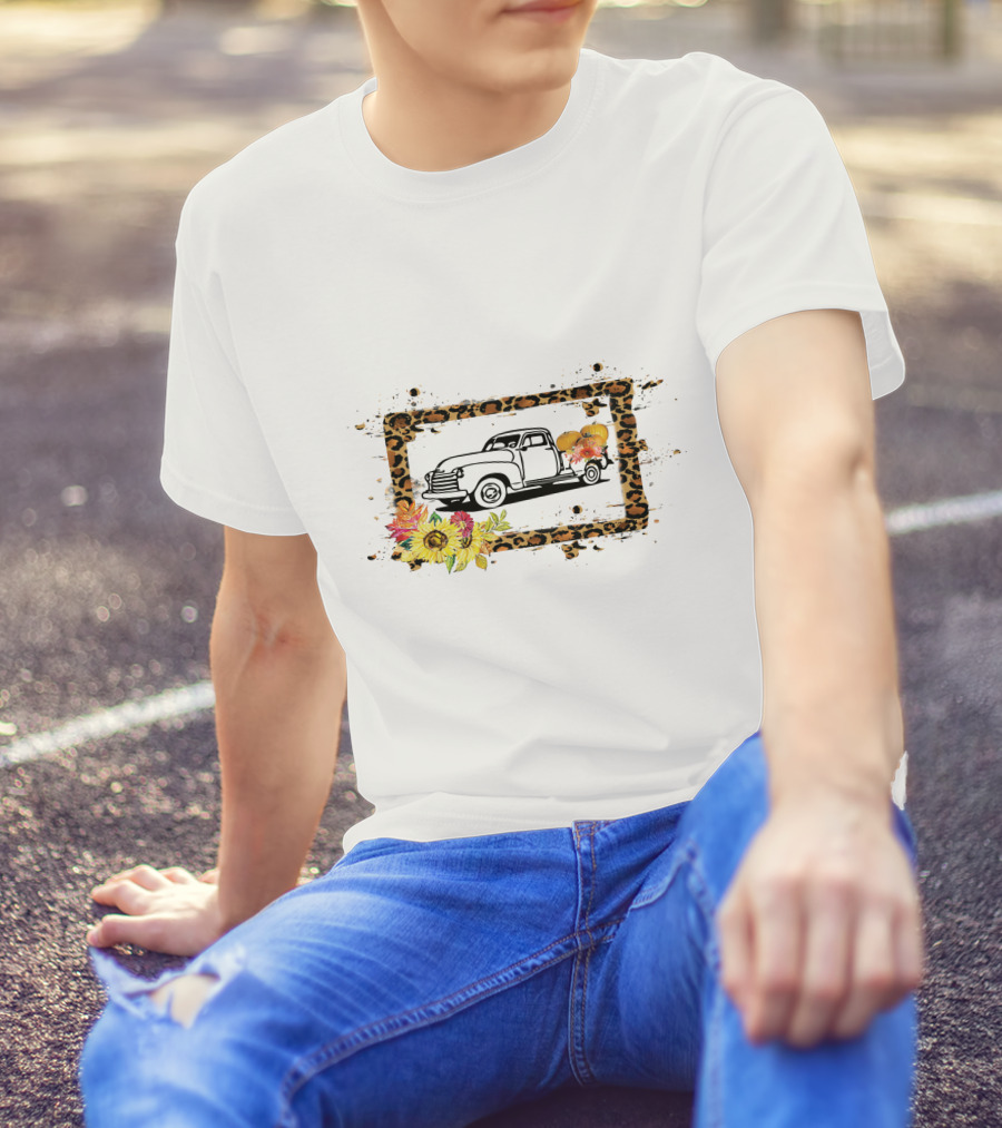 Truck With Pumpkins And Leopard Print Frame With Sunflowers T-Shirt
