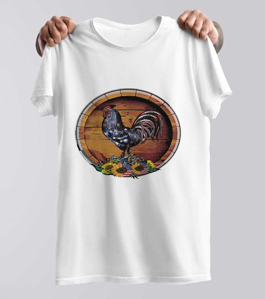 USA Rooster On Wine Barrel With Sunflowers T-Shirt