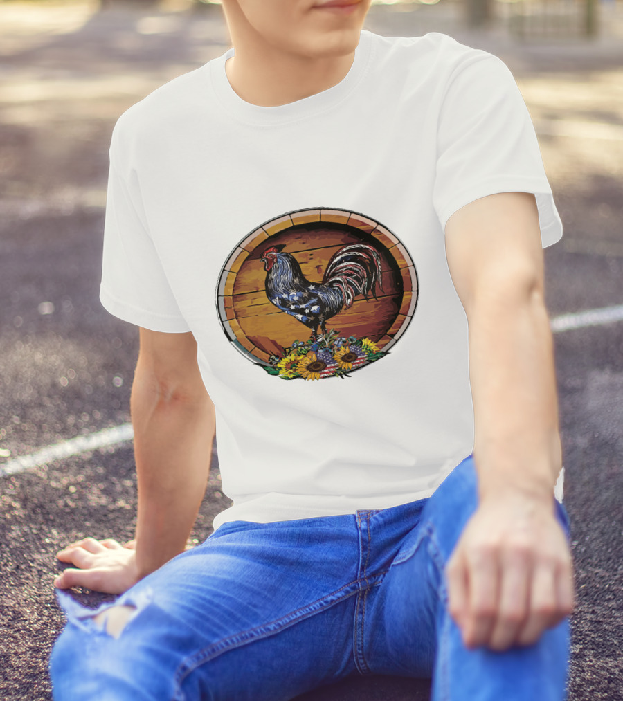 USA Rooster On Wine Barrel With Sunflowers T-Shirt