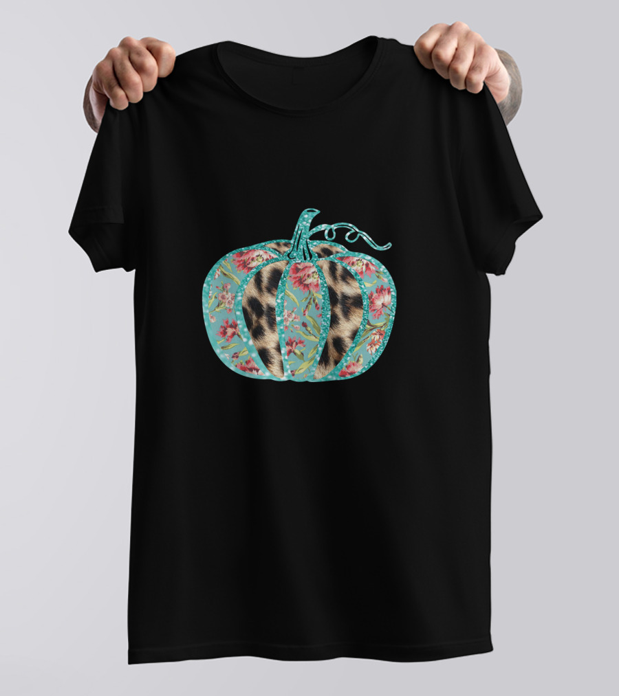 Turquoise Floral Leopard Pumpkin Thanksgiving T-Shirt