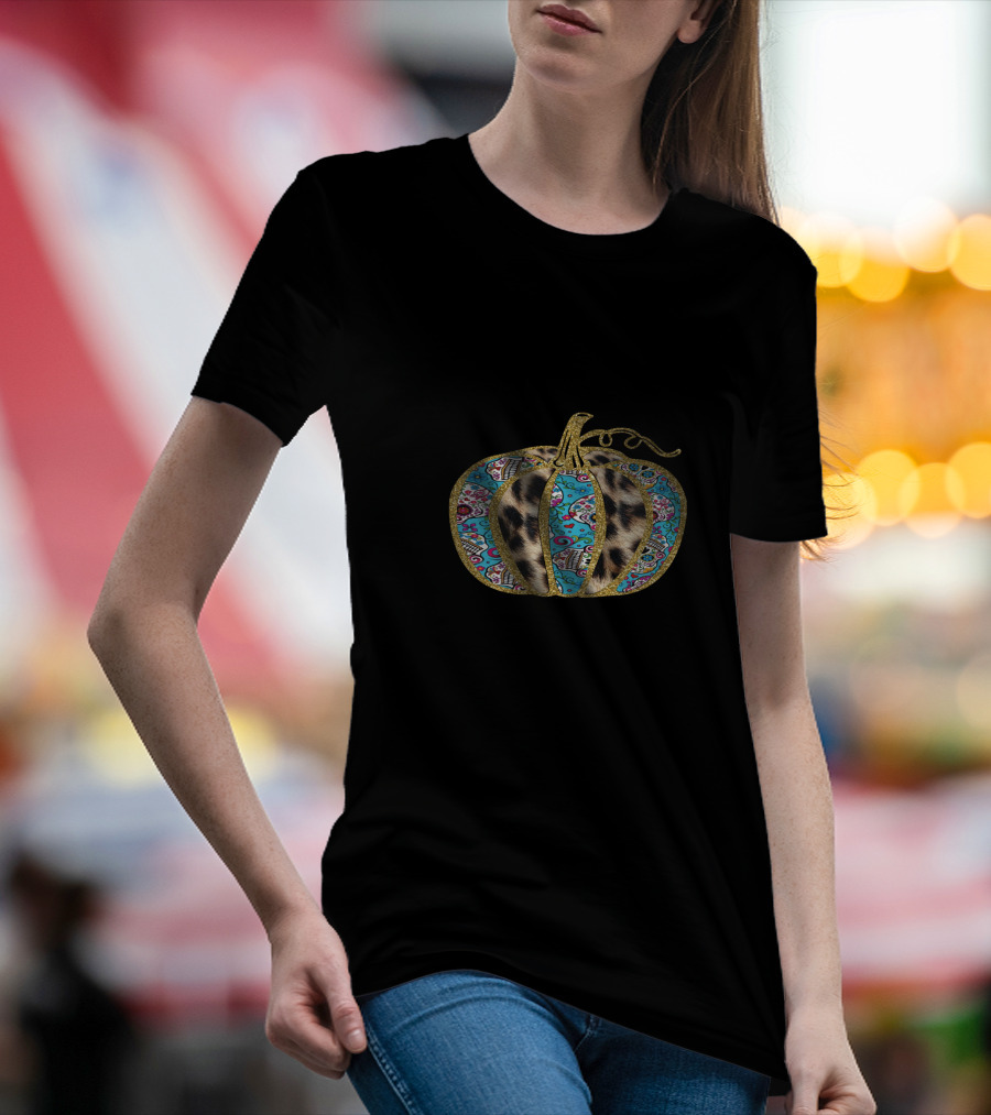 Leopard Turquoise Sugar Skull Pattern Pumpkin T-Shirt