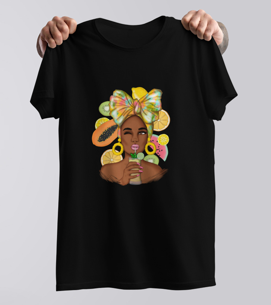 Fruit Design Afro Woman With Colorful Headwrap And Tropical Fruits T-Shirt
